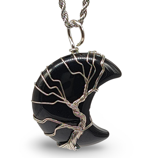 Necklace - Tree of Life - Natural Black Obsidian - Crescent Moon