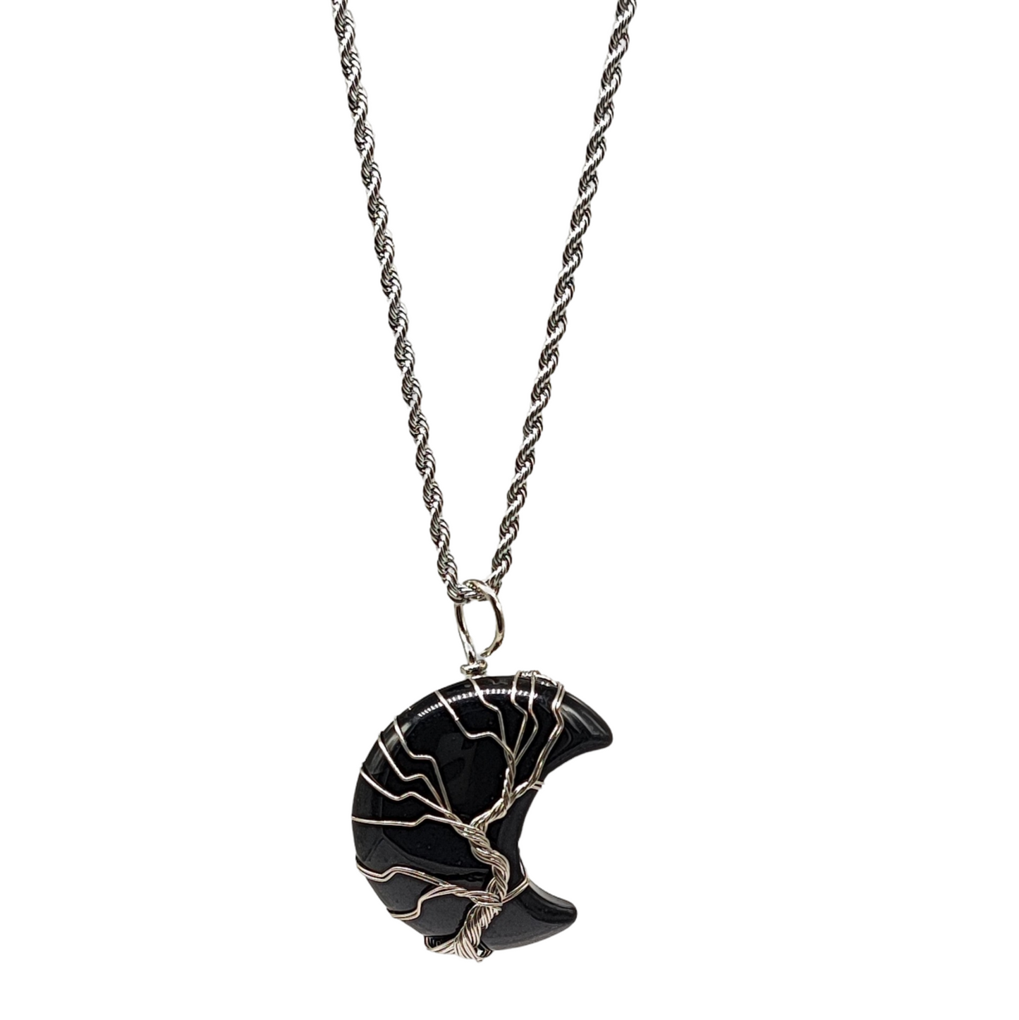 Necklace - Tree of Life - Natural Black Obsidian - Crescent Moon