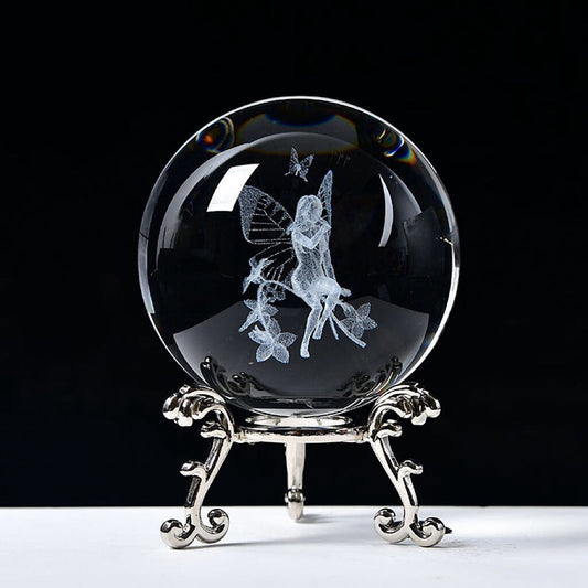 Home Decor - Crystal Ball on Wooden Led Stand - Carving Fairy