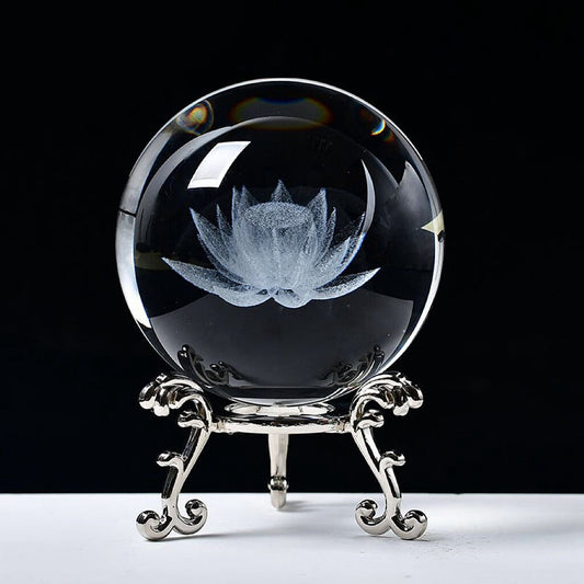 Home Decor - Crystal Ball on Wooden Led Stand - Carving Lotus