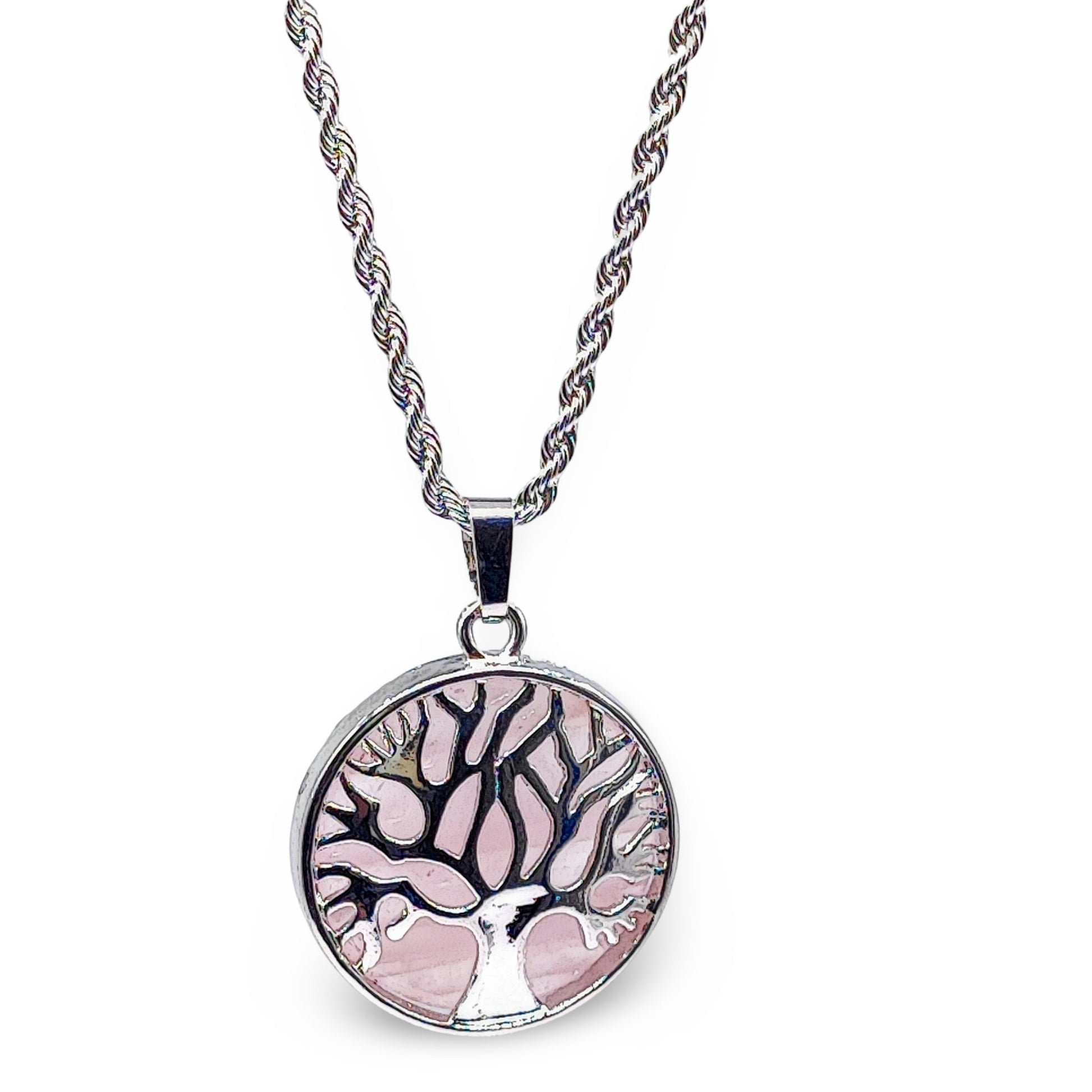 Necklace -Flat Round with Tree of Life -Rose Quartz - Arômes et Évasions