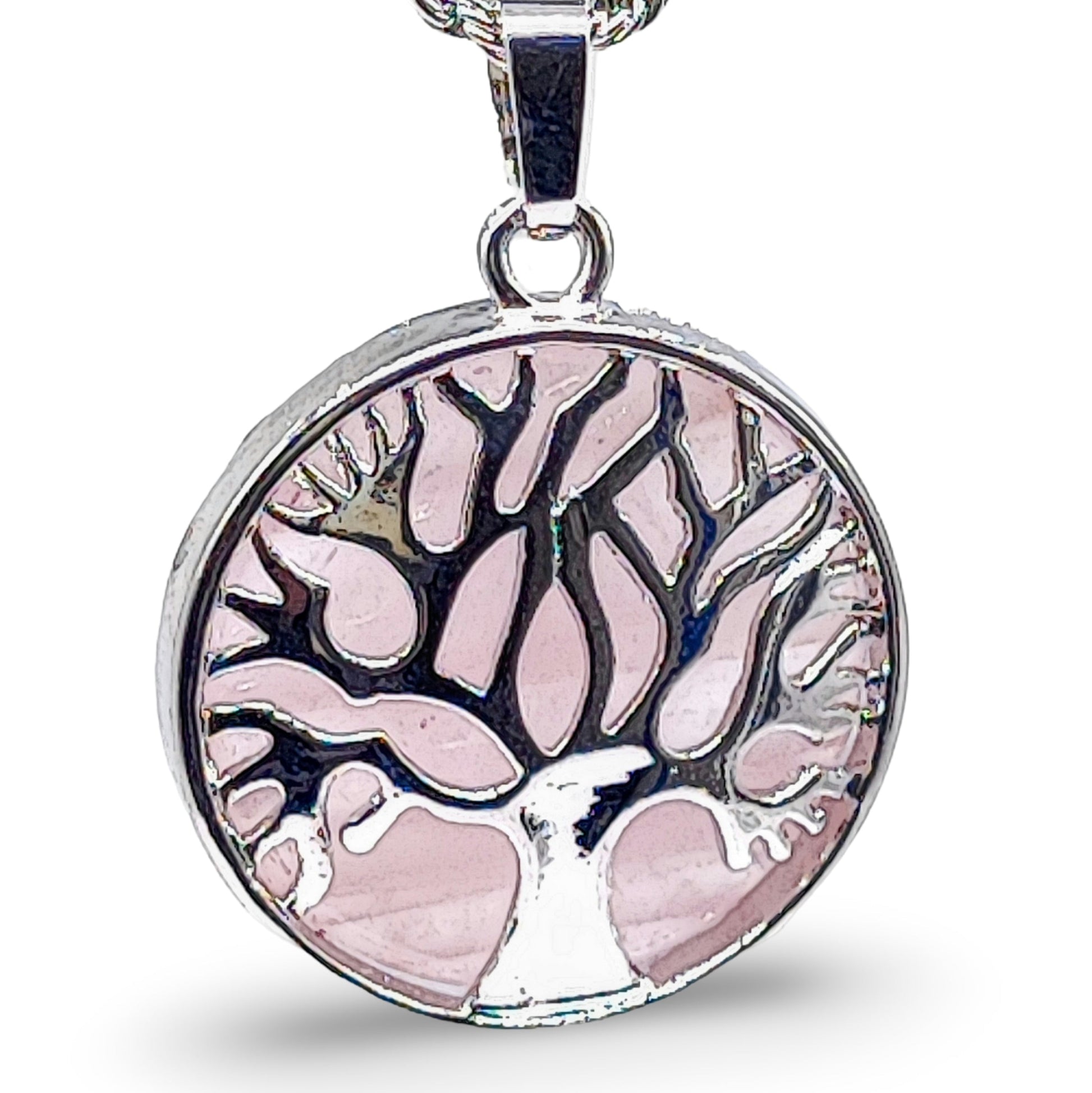 Necklace -Flat Round with Tree of Life -Rose Quartz - Arômes et Évasions