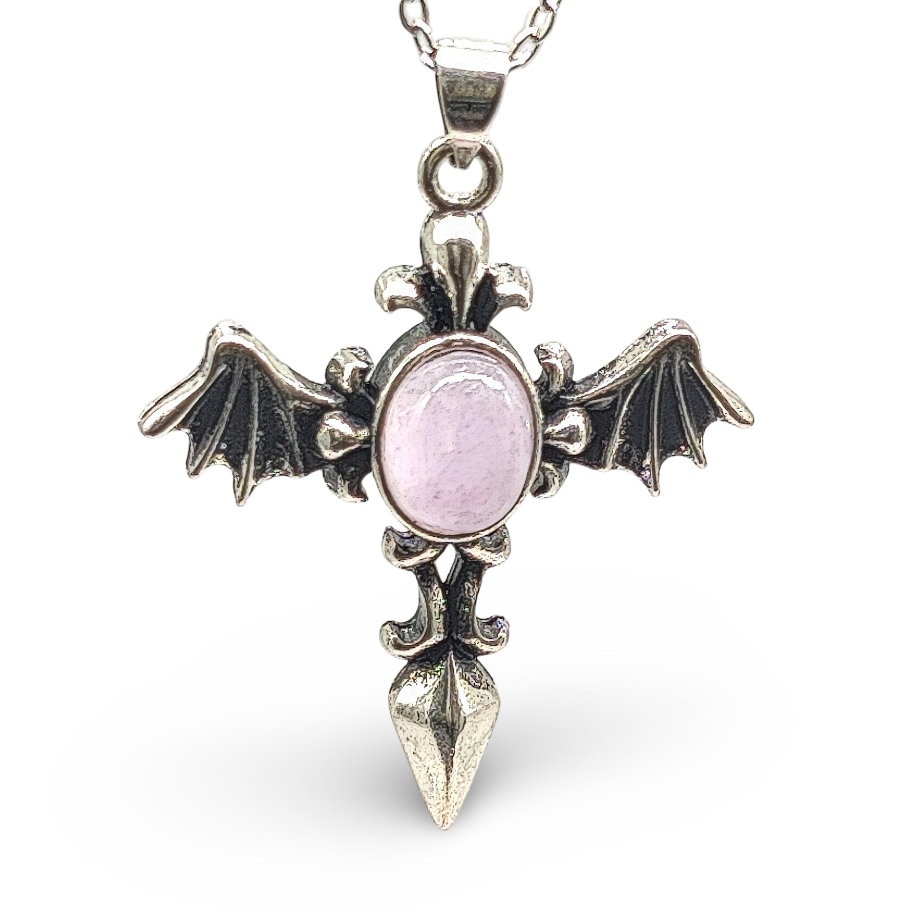 Necklace -Angel Wing Cross -Antique Silver -Charoite Gemstone - Arômes et Évasions