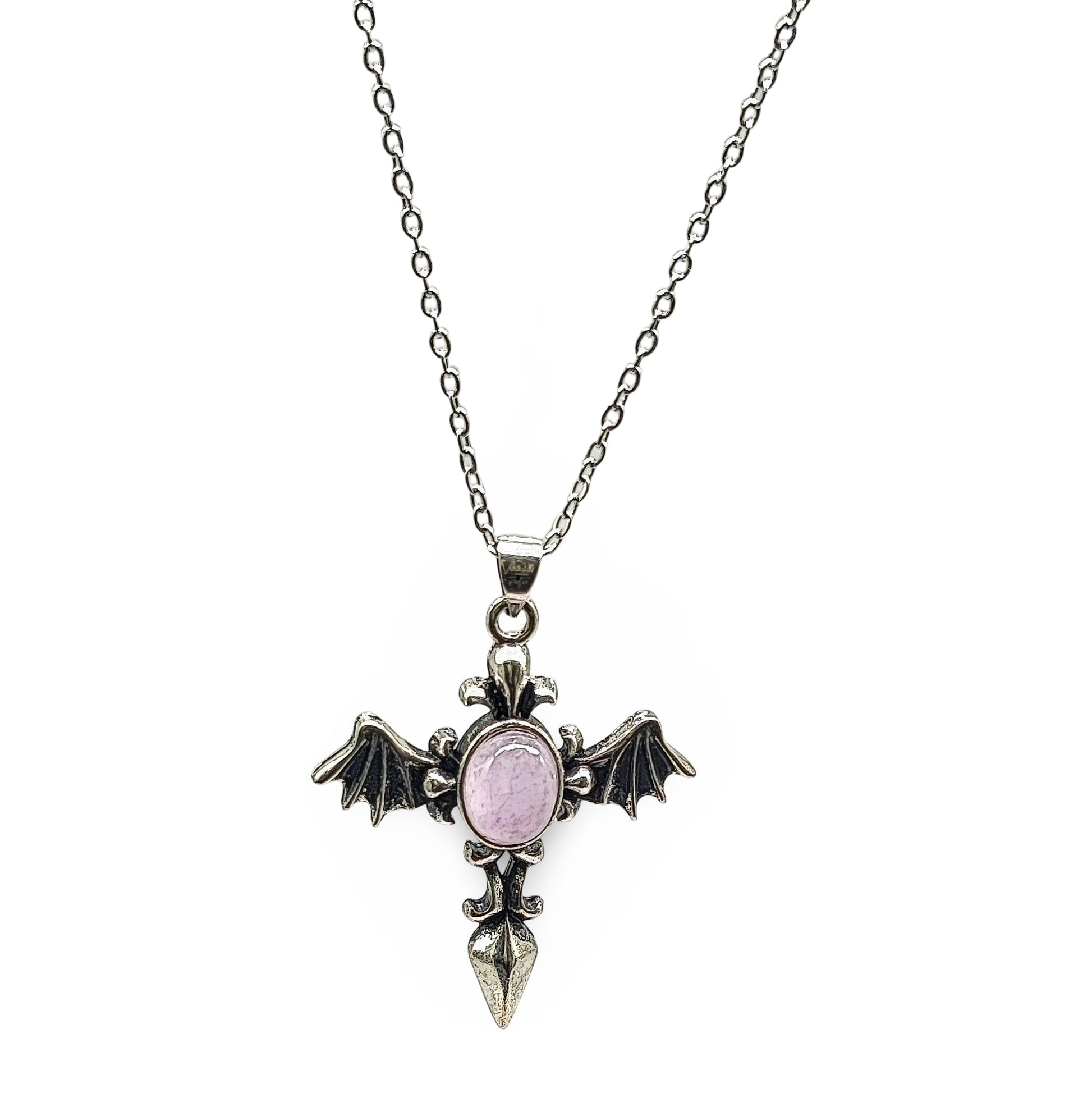 Necklace -Angel Wing Cross -Antique Silver -Charoite Gemstone - Arômes et Évasions