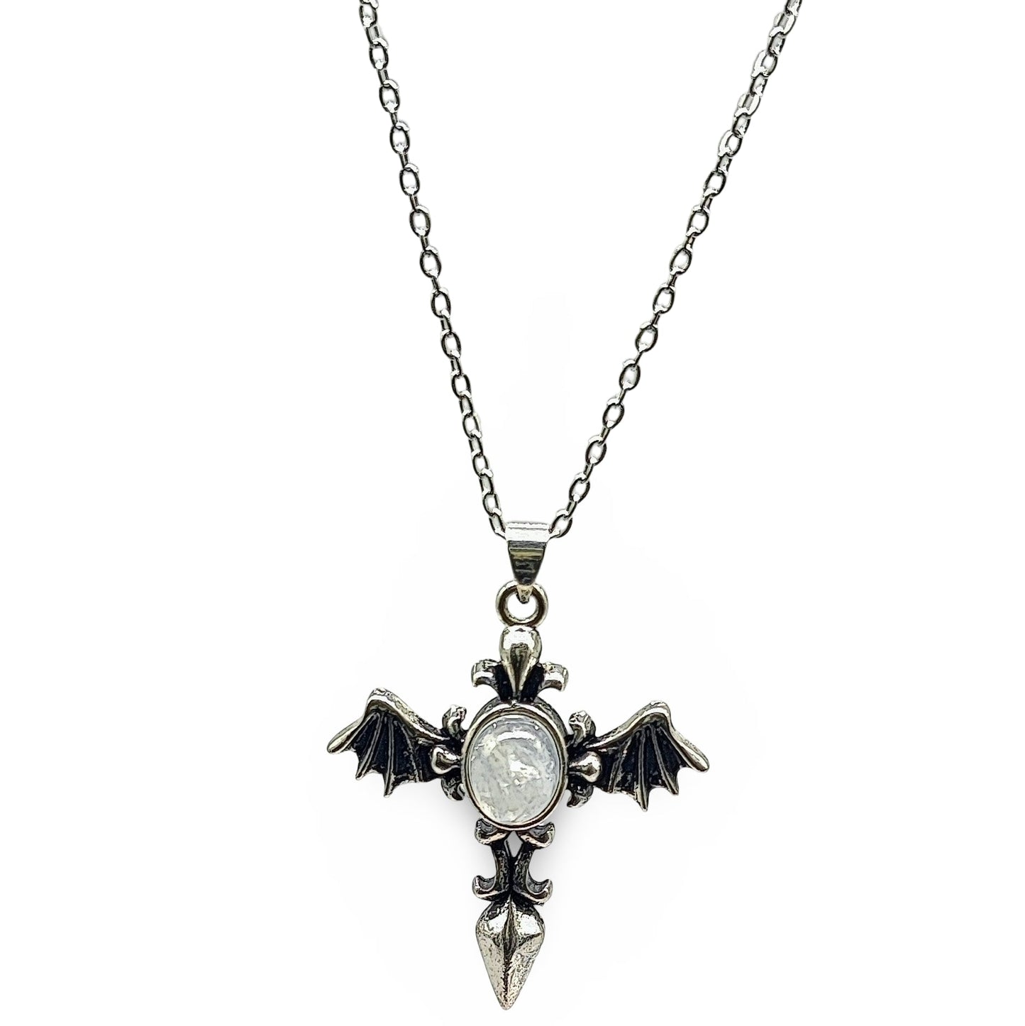 Necklace -Angel Wing Cross -Antique Silver -Rainbow Moonstone - Arômes et Évasions