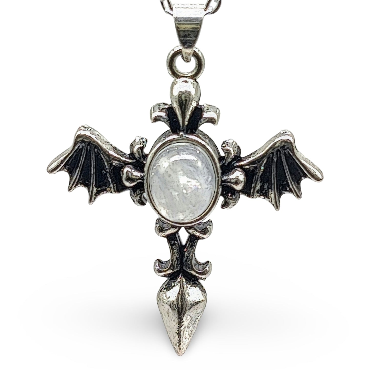 Necklace -Angel Wing Cross -Antique Silver -Rainbow Moonstone - Arômes et Évasions