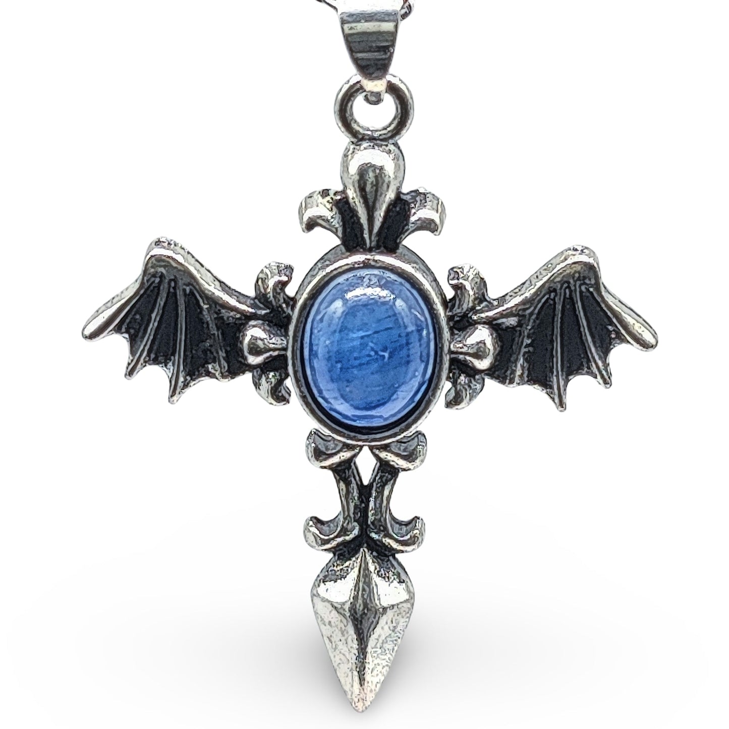 Necklace -Angel Wing Cross -Antique Silver -Kyanite - Arômes et Évasions