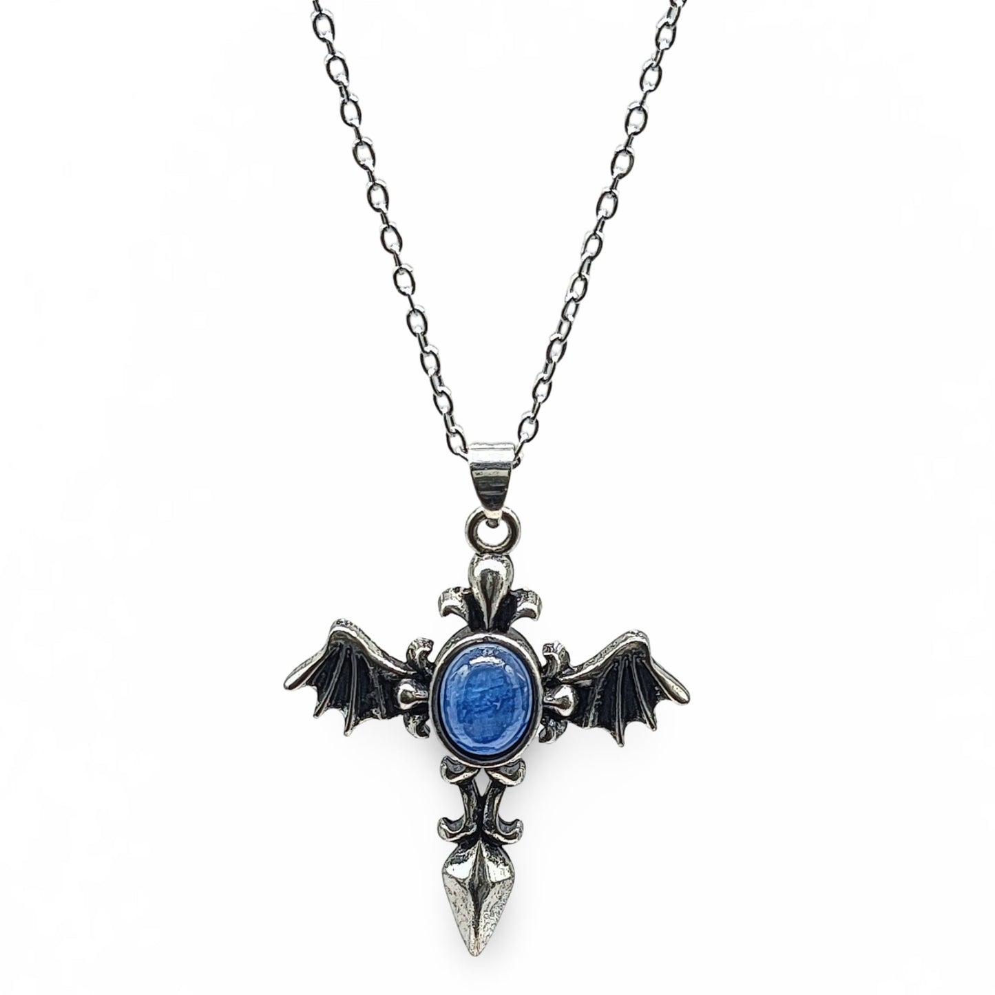 Necklace -Angel Wing Cross -Antique Silver -Kyanite - Arômes et Évasions