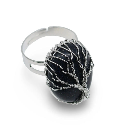 Ring - Blue Goldstone with Tree of Life - Adjustable -Blue Goldstone -Arômes & Évasions