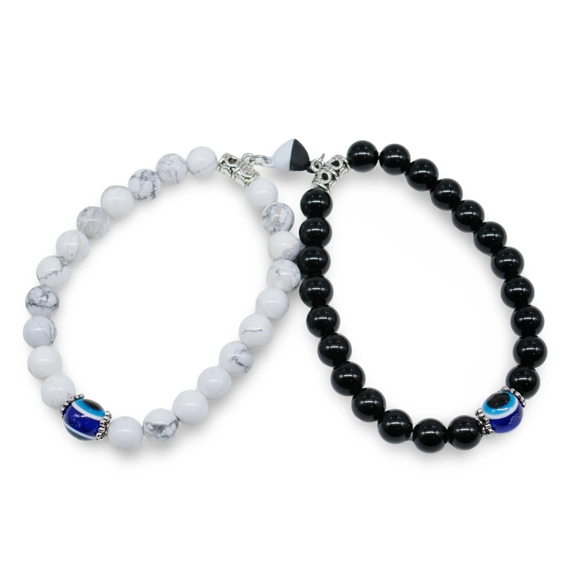 Bracelet - 2Pcs Set - Natural Howlite & Obsidian with Evil Eye - Matching Bracelets -8mm -Arômes & Évasions