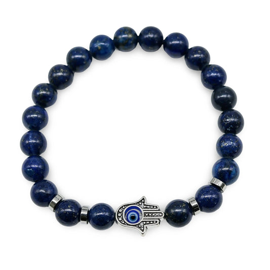 Bracelet - Lapis Lazuli with Fatima Hand & Evil Eye Charm - 8mm -8mm -Arômes & Évasions