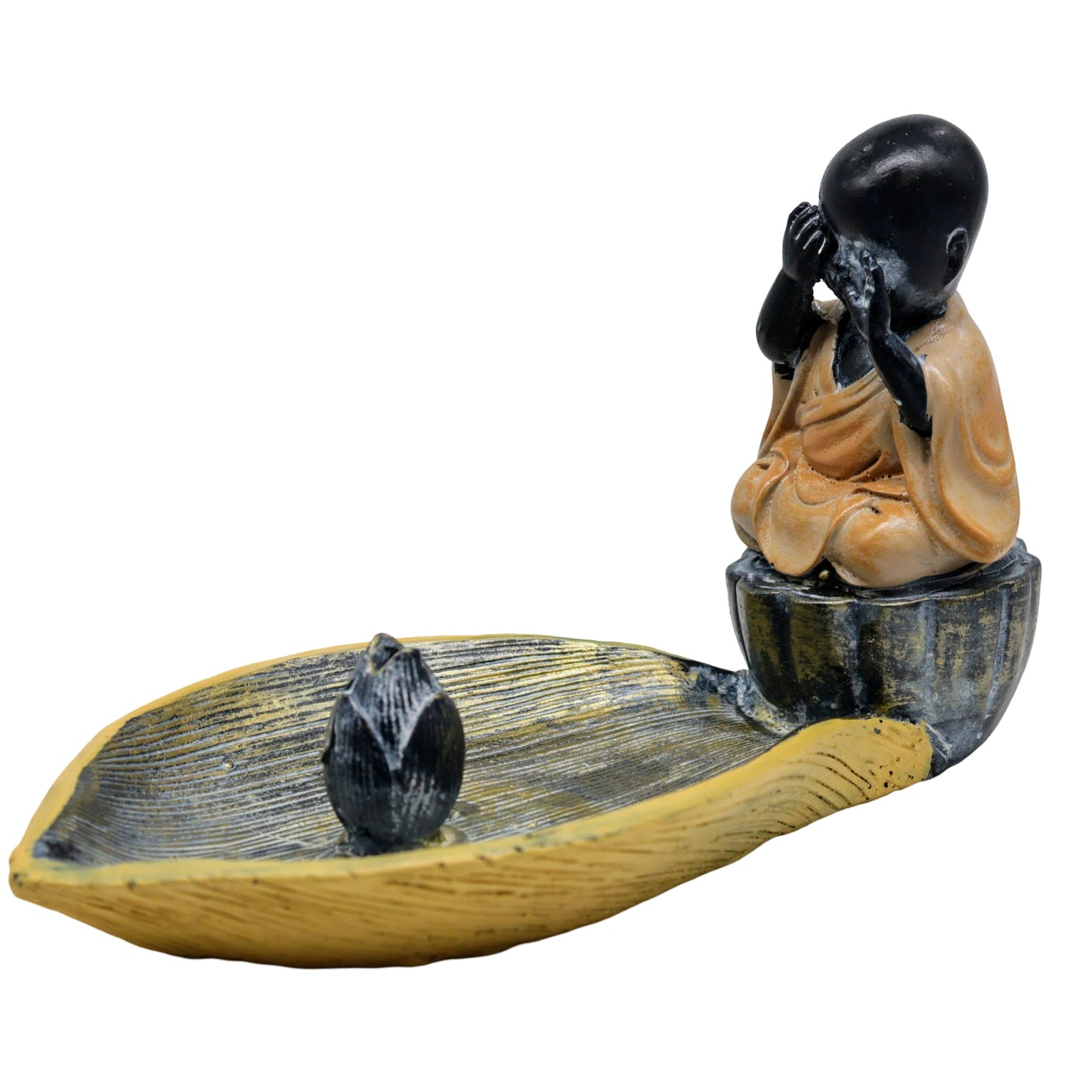 Incense Burner - Sticks, Cones & Smudge - Ceramic - Baby Monk on Lotus Leaf