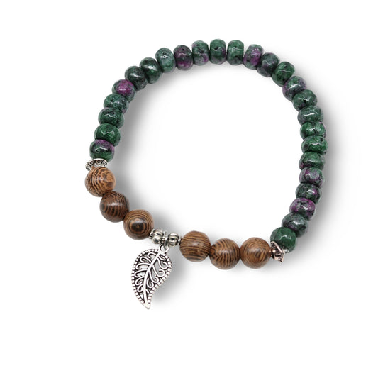 Bracelet - Rubis Zoisite - Bois Wengé - Charm Feuille