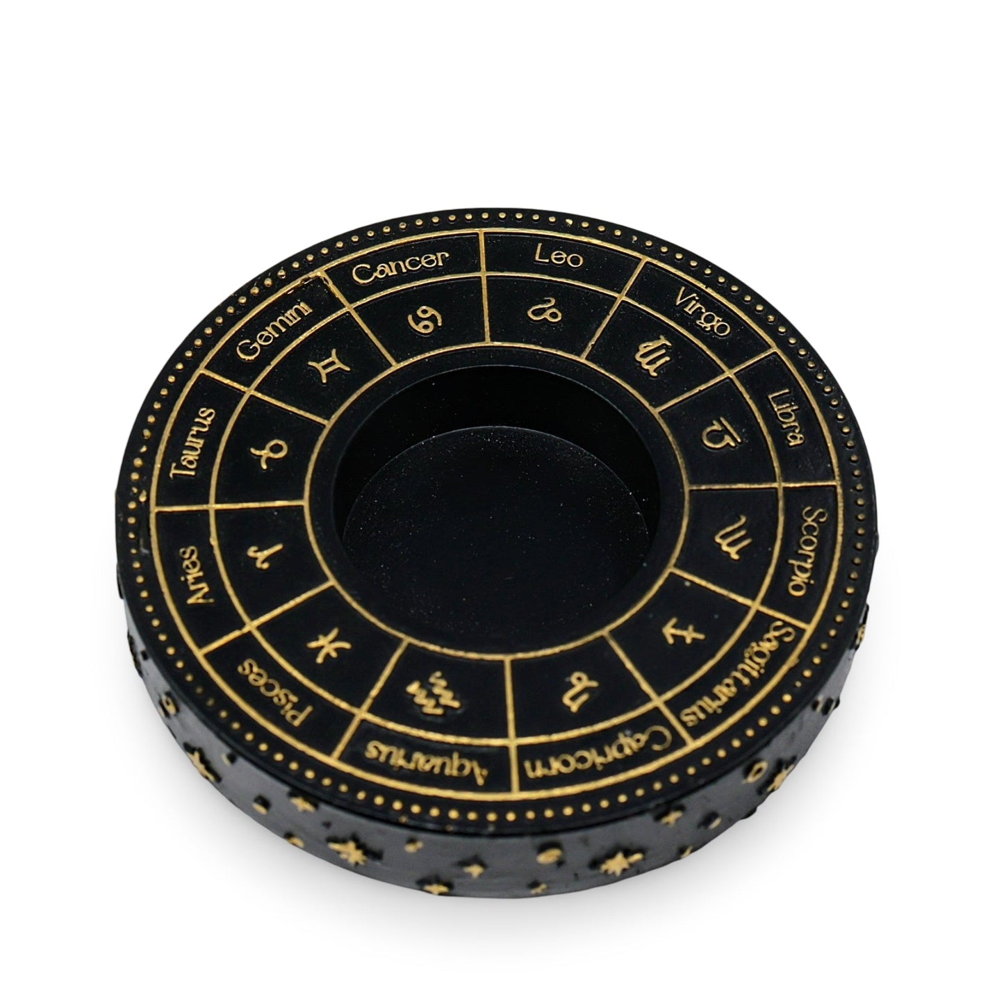 Astrology Wheel Zodiac Candle Holder for Tealight, featuring intricate gold-effect detailing of zodiac signs.