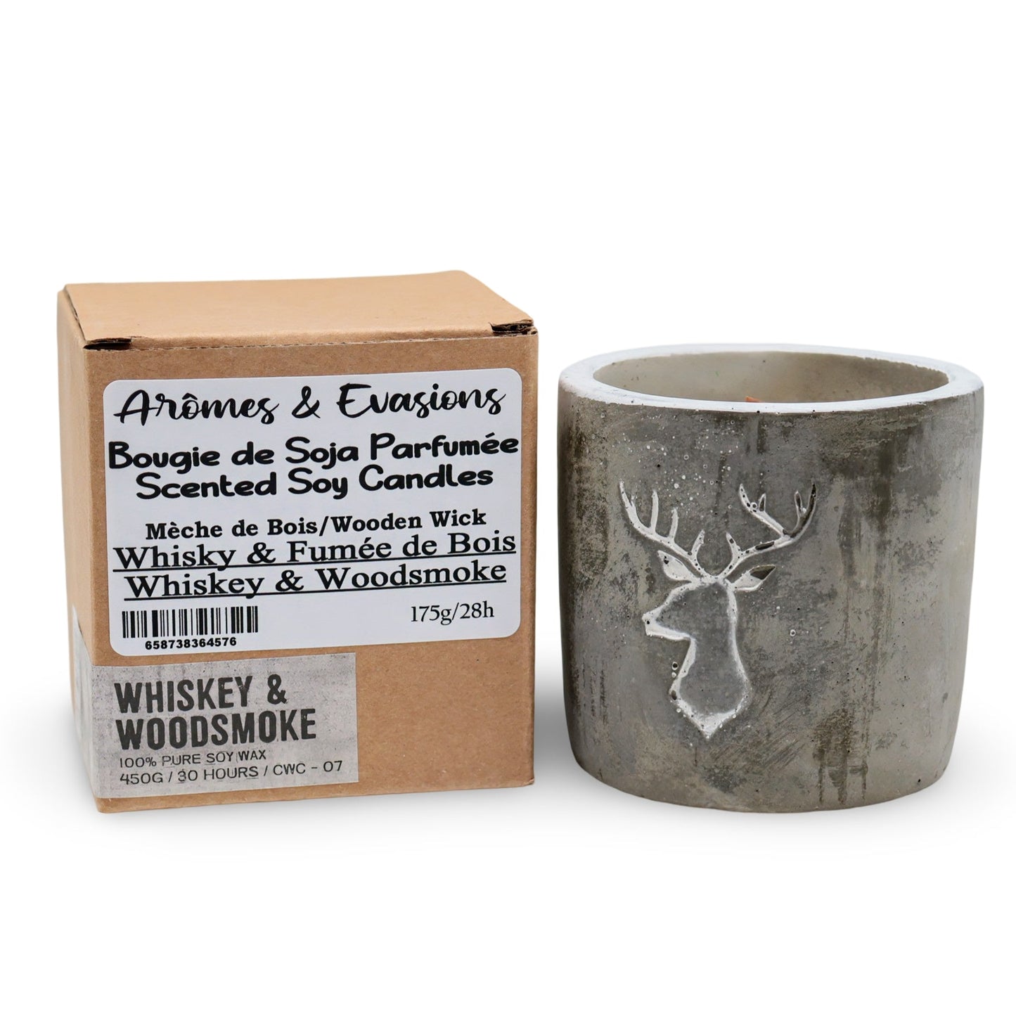 Bougie de Soja Parfumée - Pot en Céramique Moyen - Tête de Cerf - Whisky & Fumée de Bois