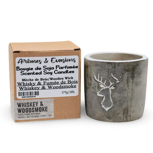 Bougie de Soja Parfumée - Pot en Céramique Moyen - Tête de Cerf - Whisky & Fumée de Bois