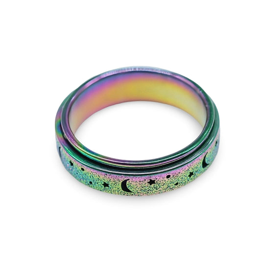 Rotating Ring - Stress Anxiety Relief - Stainless Steel - Rainbow Moon and Star