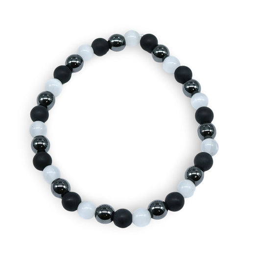 Bracelet - Mixte - Oeil de Chat - Agate Noire - Hématite - Noir & Blanc - 6mm