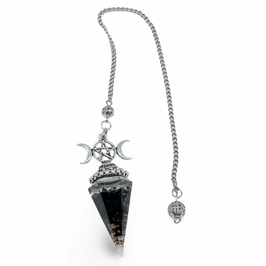 Pendulum – Obsidian Chip & Resin Orgonite with Triple Moon Pentagram Charm