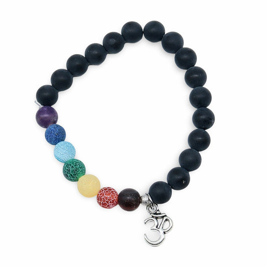 Bracelet - Agate Noire & 7 Chakras avec Breloque Om - 8 mm