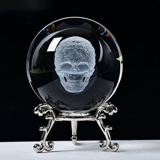 Home Decor - Crystal Ball on Wooden Led Stand - Carving Skull