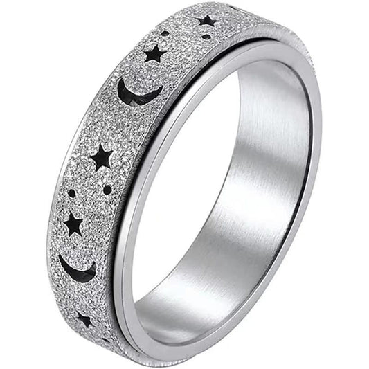 Rotating Ring - Stress Anxiety Relief - Stainless Steel - Silver Moon and Star