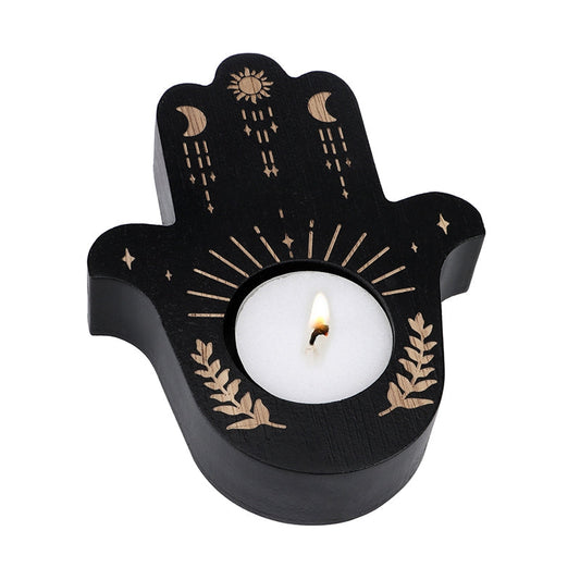 Candle Holder - Fatima Hand - Black Wood - Tealight