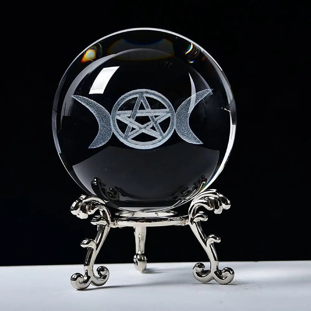 Home Decor - Crystal Ball on Wooden Led Stand - Carving Triple Moon - -Arômes & Évasions