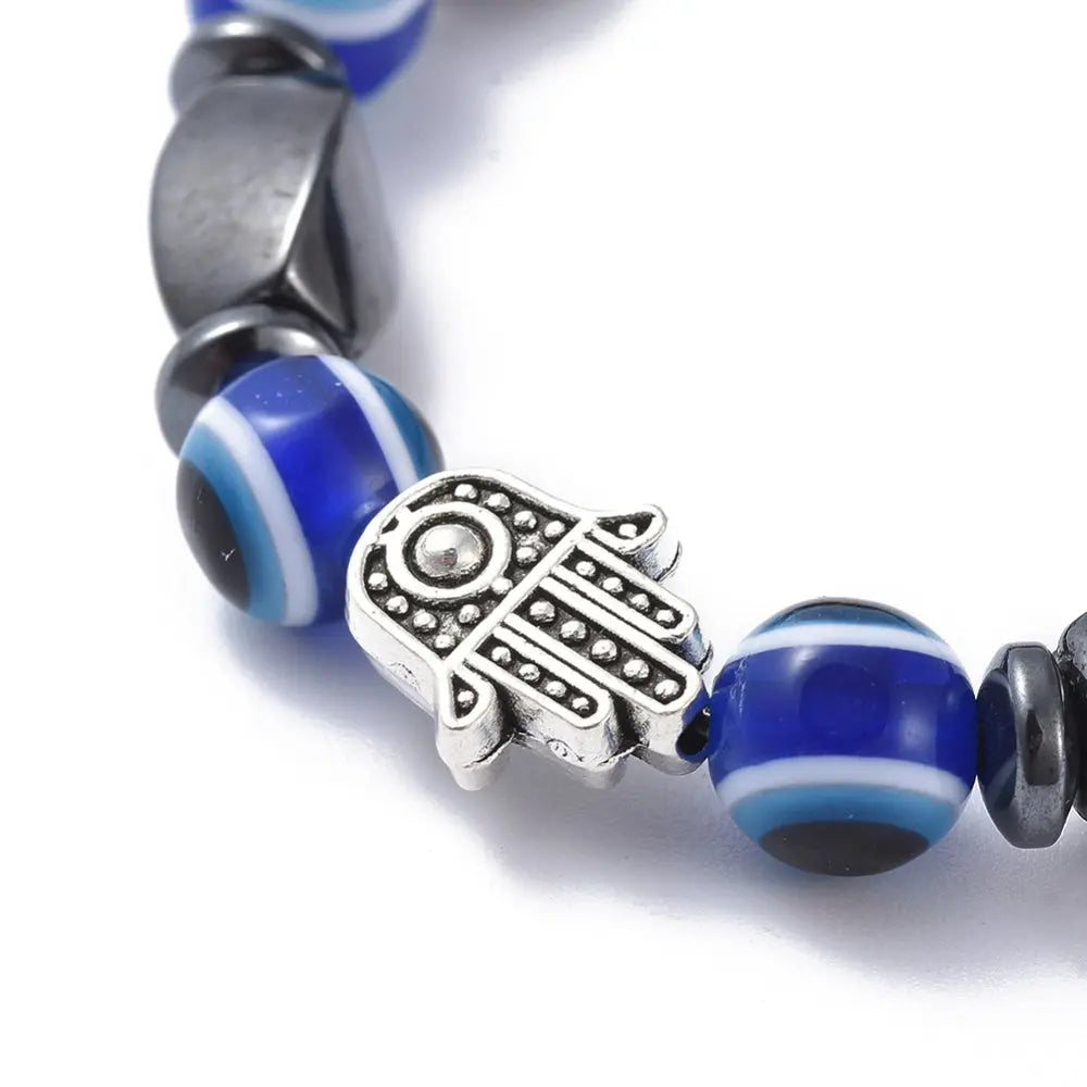 Bracelet - Hematite - Evil Eye - Fatima Hand - 8mm