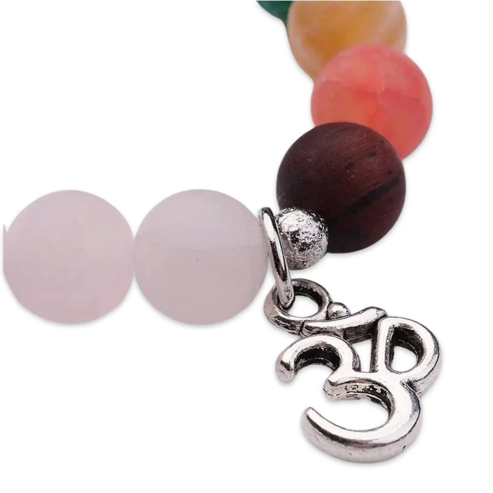 Bracelet -Rose Quartz & 7 Chakras with Om Charm -8mm