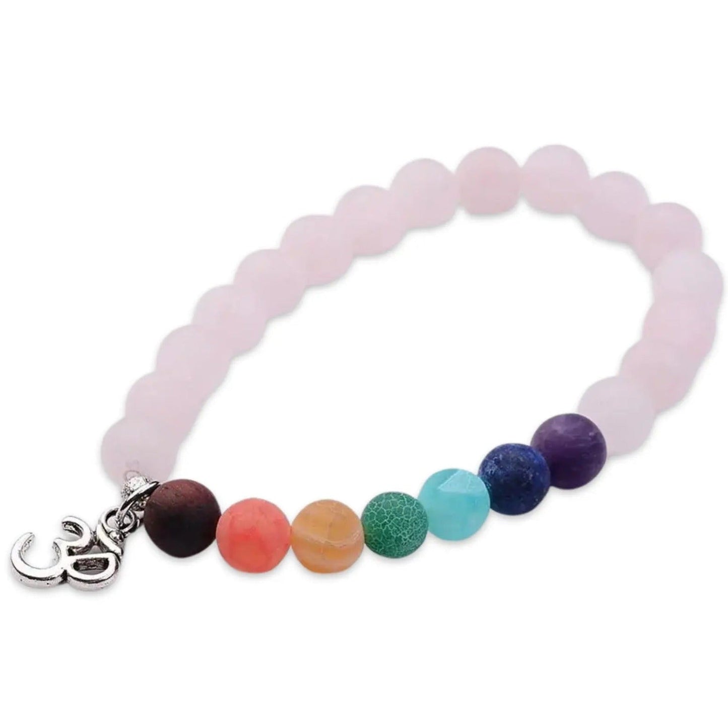 Bracelet -Rose Quartz & 7 Chakras with Om Charm -8mm