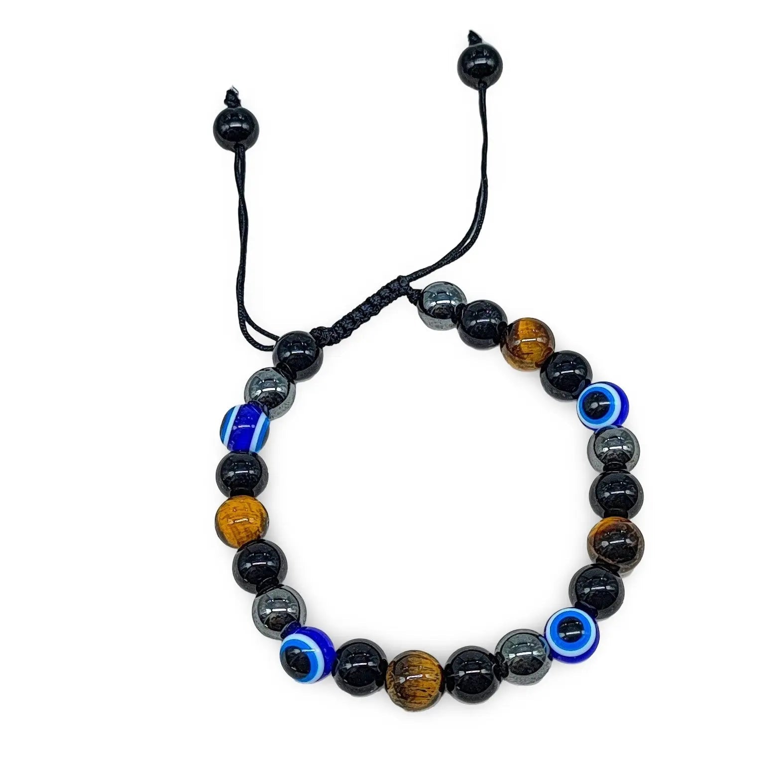 Bracelet - Adjustable - Tiger Eye, Hematite & Evil Eye - 8mm