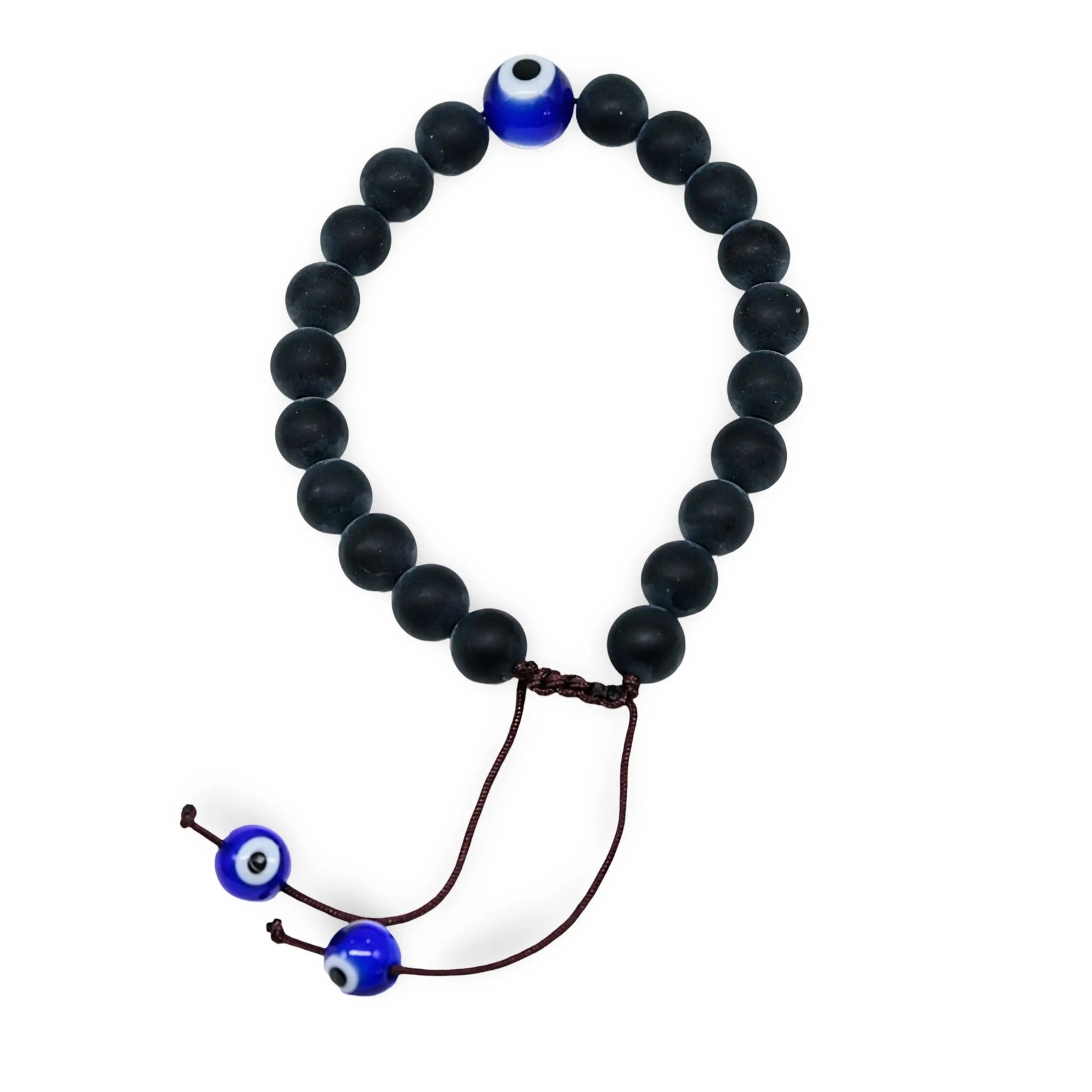 Bracelet - Natural Frosted Black Agate with Evil Eye - Adjustable - 8mm -8mm -Arômes & Évasions