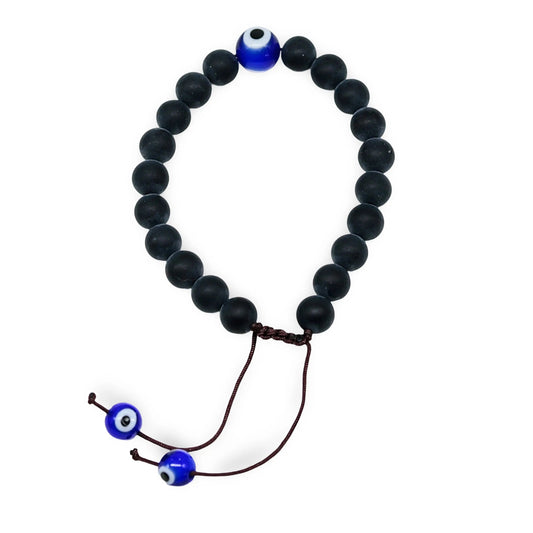 Bracelet - Natural Frosted Black Agate with Evil Eye - Adjustable - 8mm -8mm -Arômes & Évasions