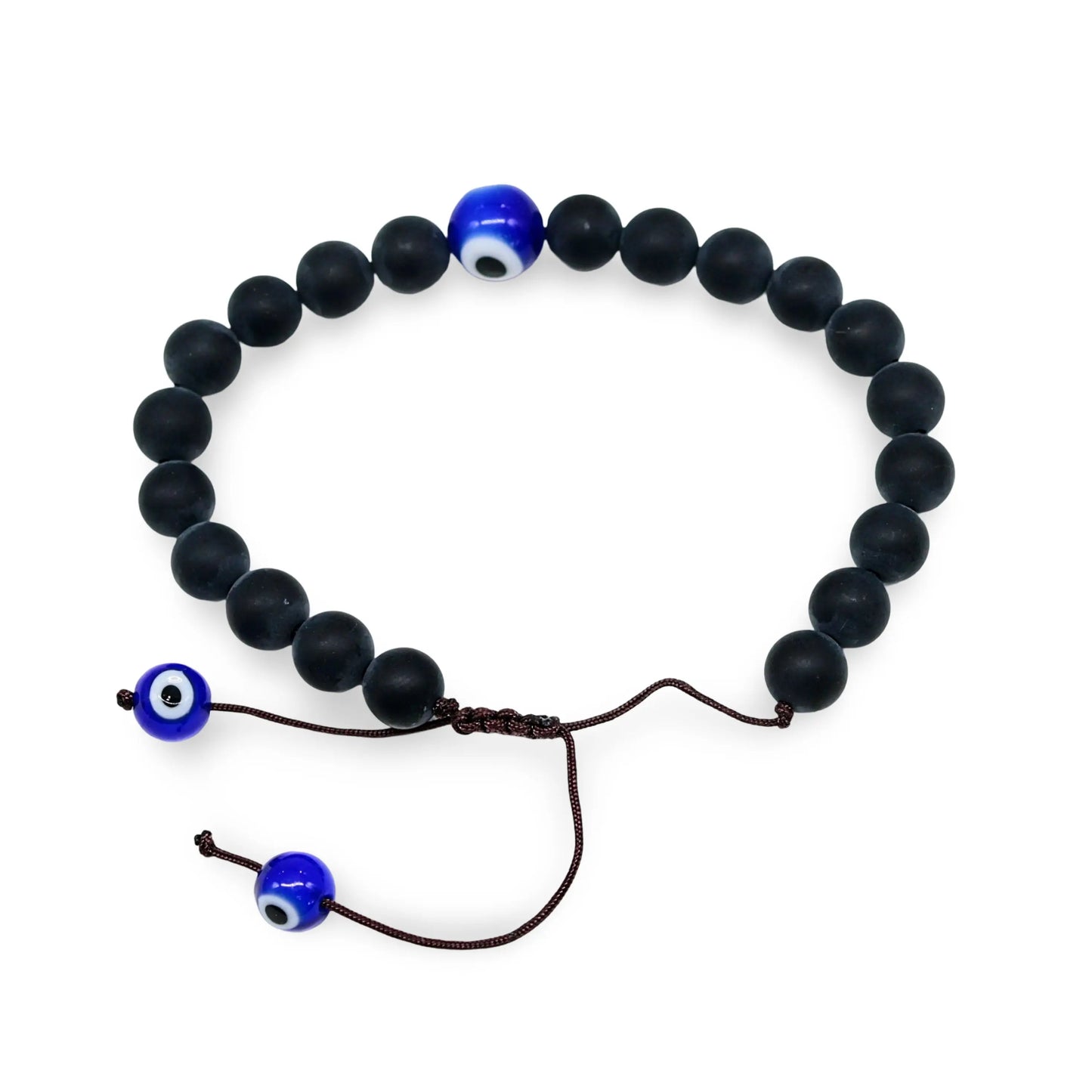 Bracelet - Natural Frosted Black Agate with Evil Eye - Adjustable - 8mm -8mm -Arômes & Évasions