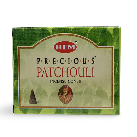 Box of HEM Precious Patchouli incense cones on a white background