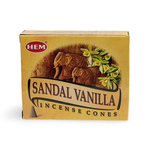 Box of HEM Sandal Vanilla incense cones on a white background