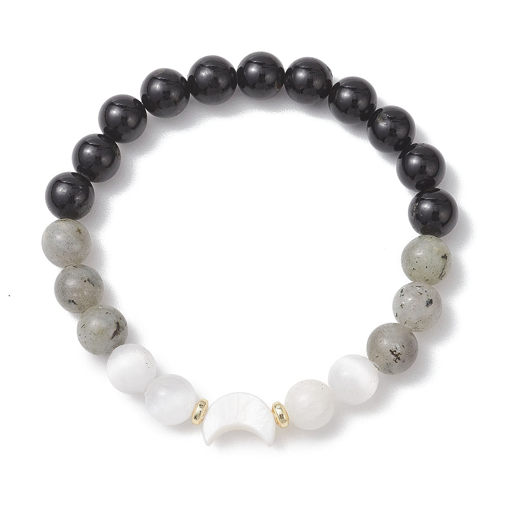 Beaded bracelet with black, gray, and white beads on a white background