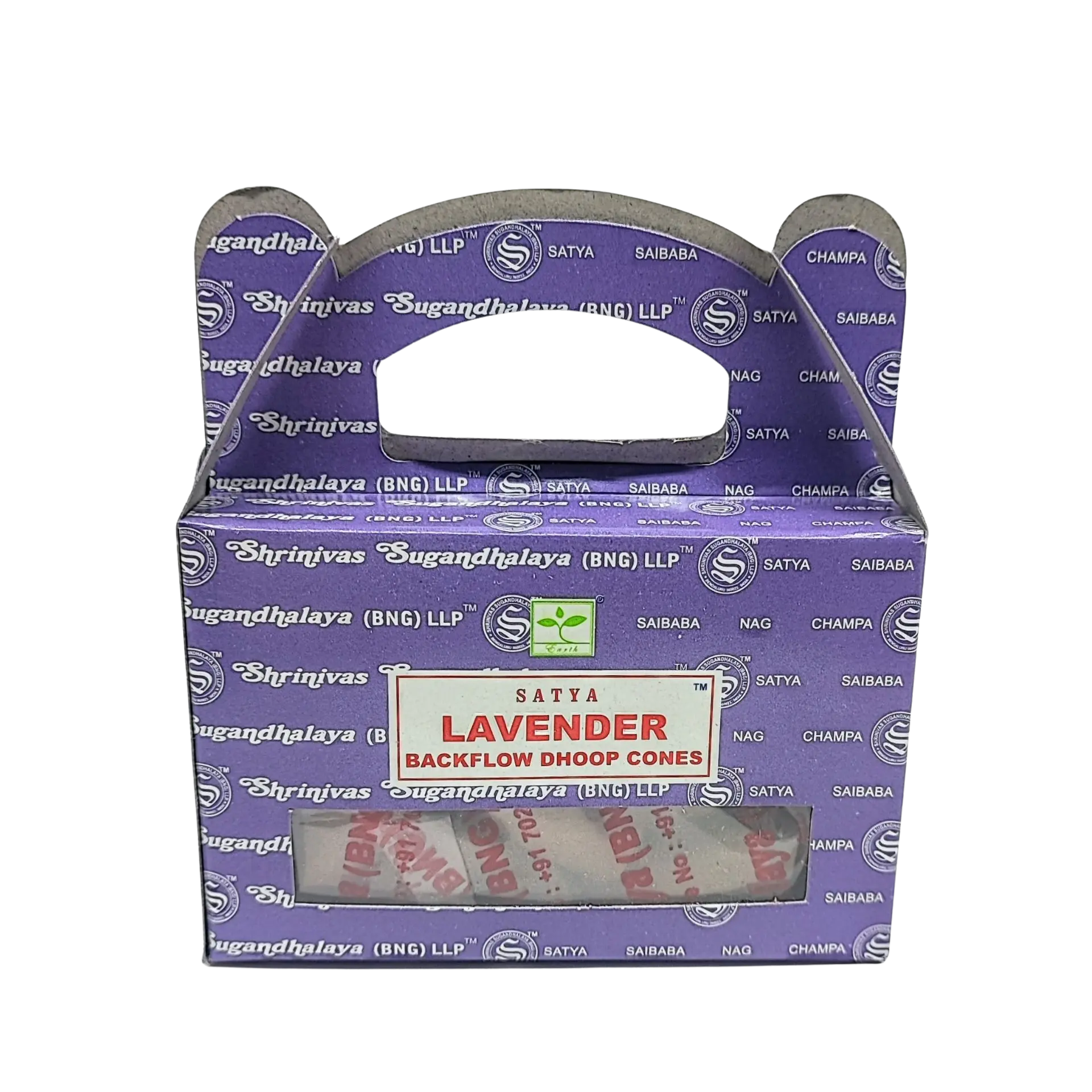 Satya Lavender Backflow Dhoop Cones box packaging with purple design and 24 incense cones
