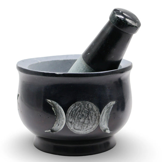 Mortar & Pestle - Soapstone - Carved Triple Moon - Black - 4" -4" -Arômes & Évasions