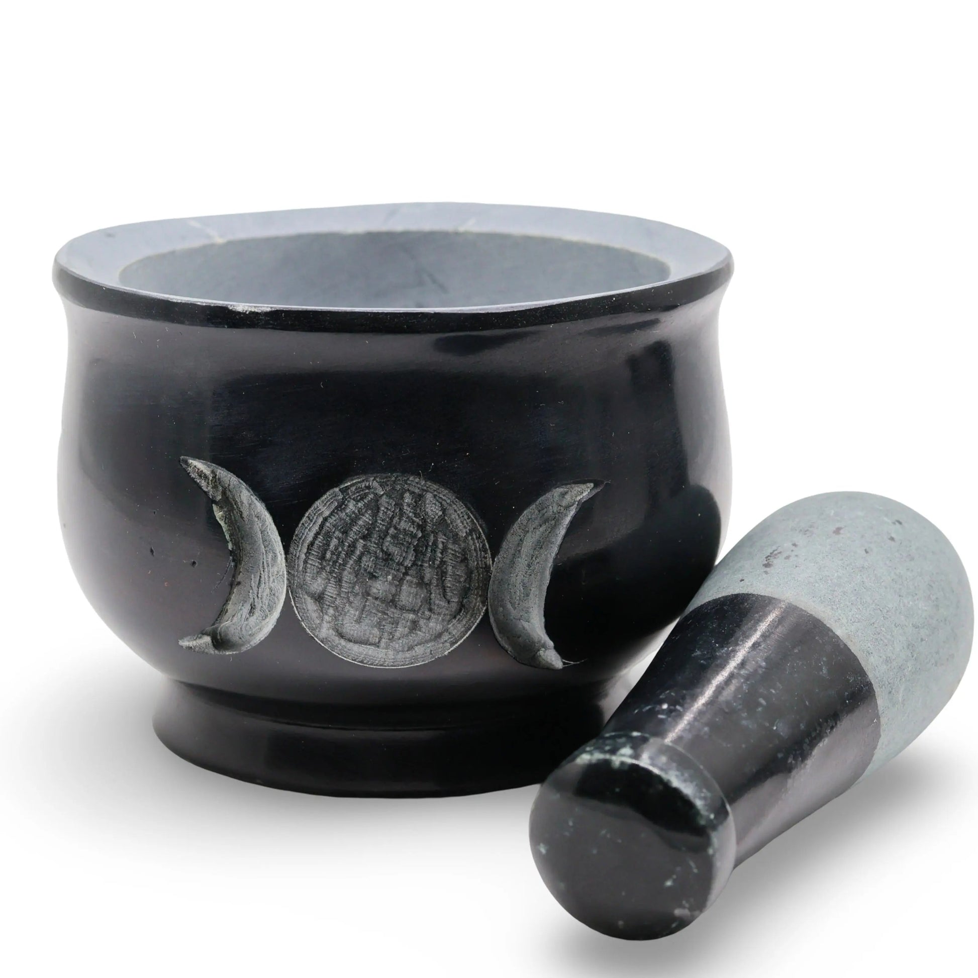 Mortar & Pestle - Soapstone - Carved Triple Moon - Black - 4" -4" -Arômes & Évasions