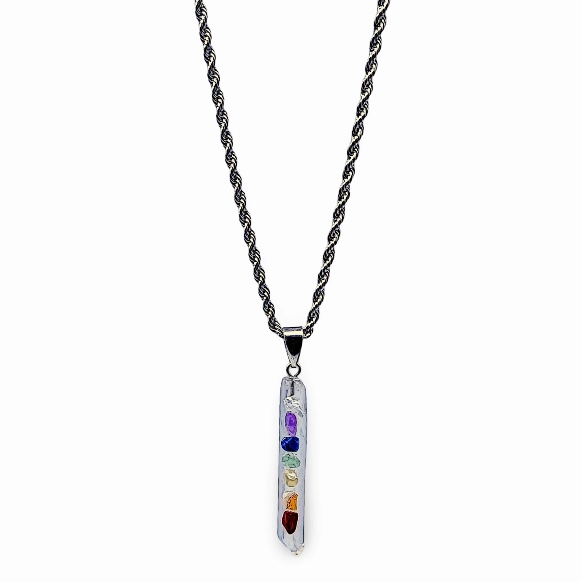 Necklace - 7 Chakras Gemstone - Natural Quartz Pointed Pendant