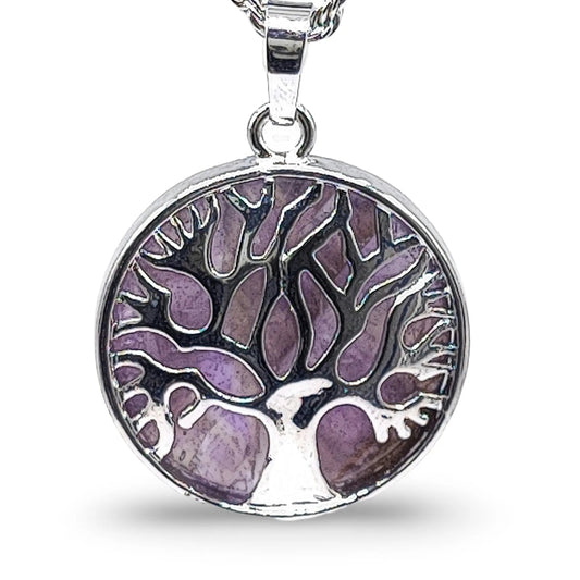 Necklace -Flat Round with Tree of Life -Amethyst -Amethyst -Arômes & Évasions