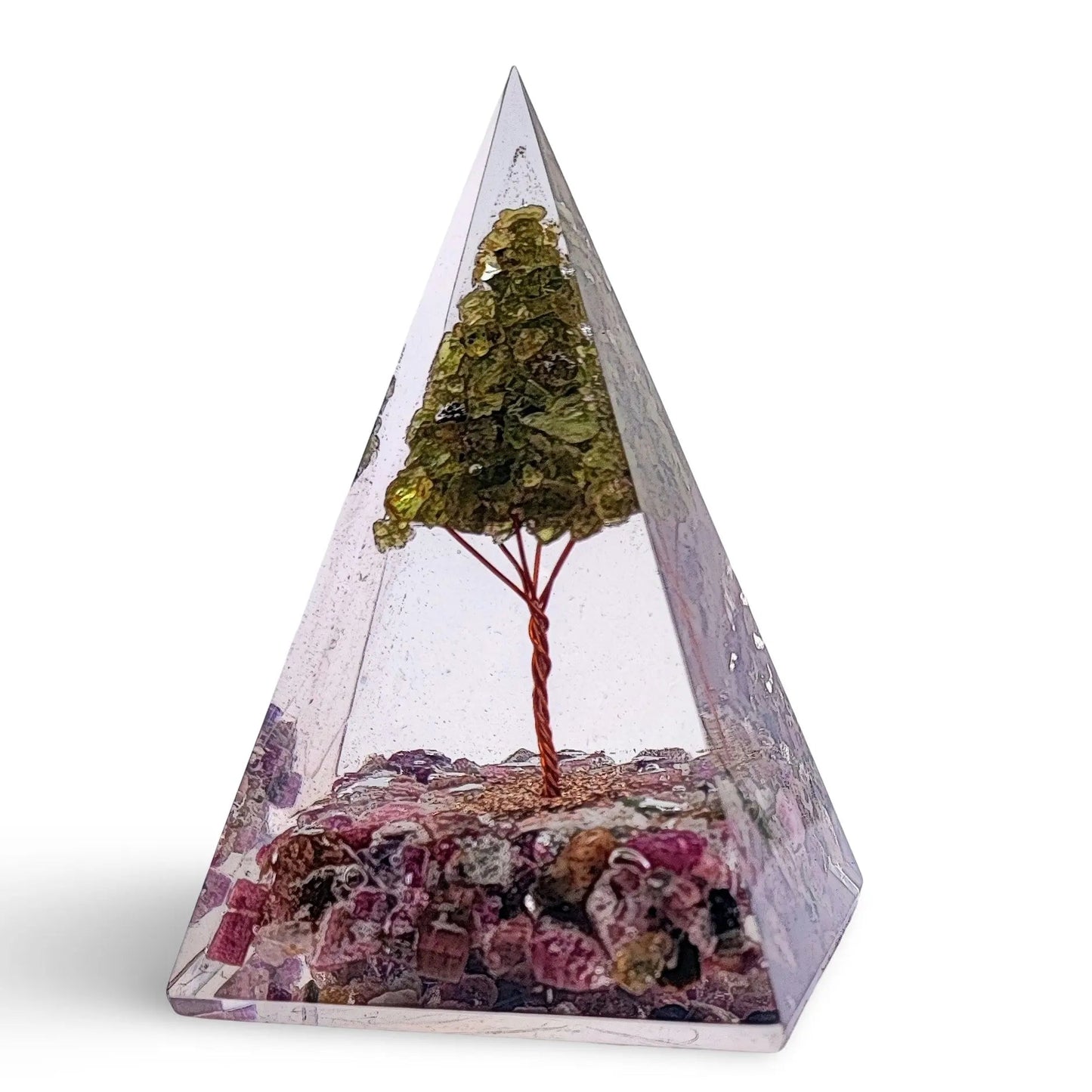 Pyramid -Orgonite -Pink Tourmaline Gemstones -Peridot Tree -Pyramid -Arômes & Évasions