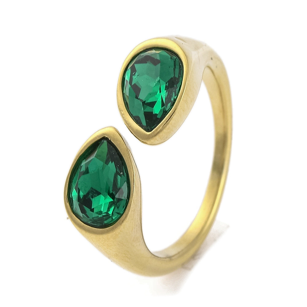 Ring – Ion Plating - Stainless Steel - Teardrop Emerald - Open Cuff Ring