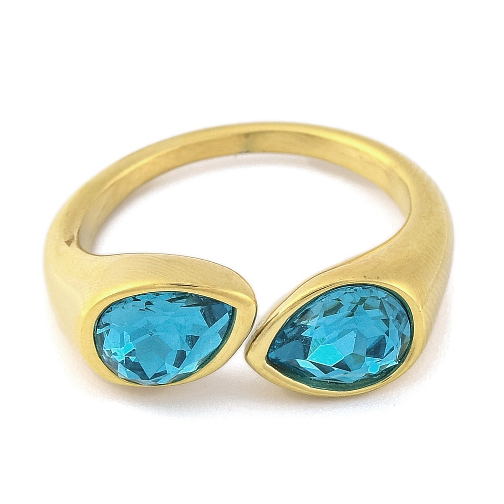 Bague – Placage Ionique – Acier Inoxydable – Zircon Bleu en Forme de Larme – Bague Ouverte