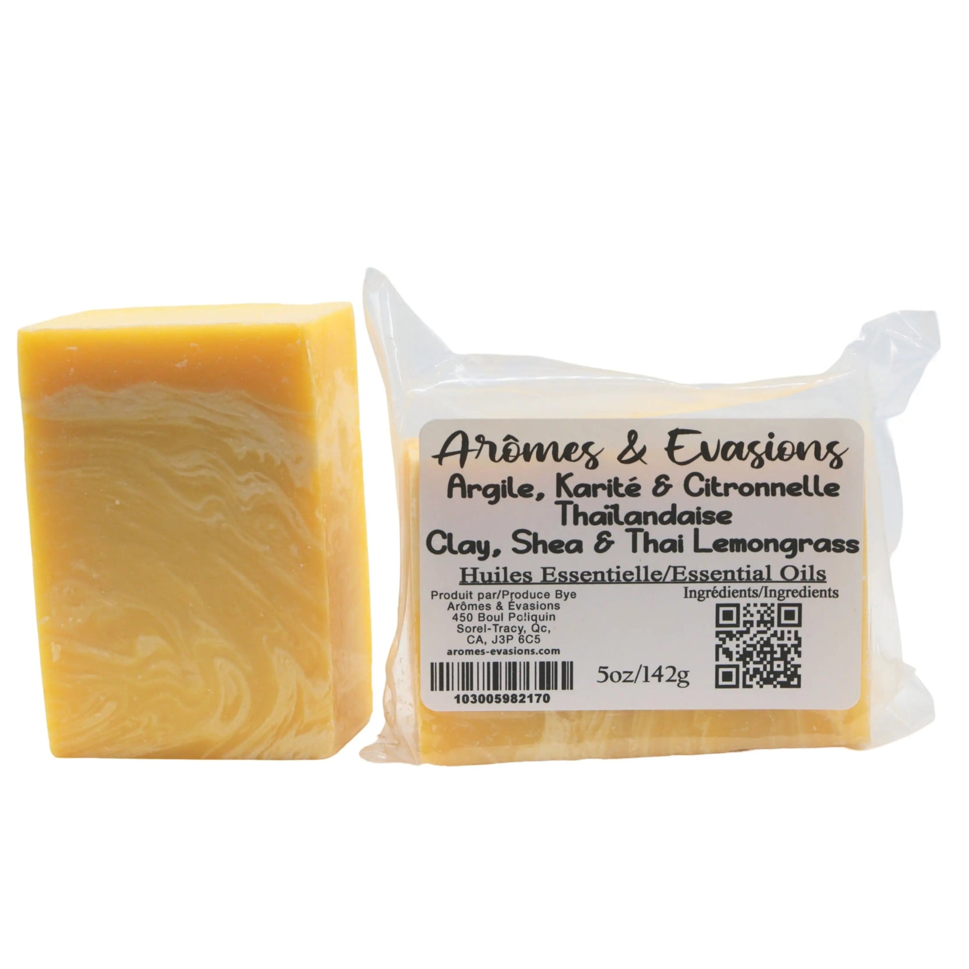 Soap Bar - Cold Process - Clay & Shea with Thai Lemongrass - 5oz -Herbal Scent -Arômes & Évasions