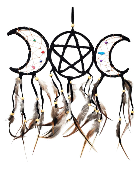 Home Decor - Dreamcatcher - Black Triple Moon with Pentagram