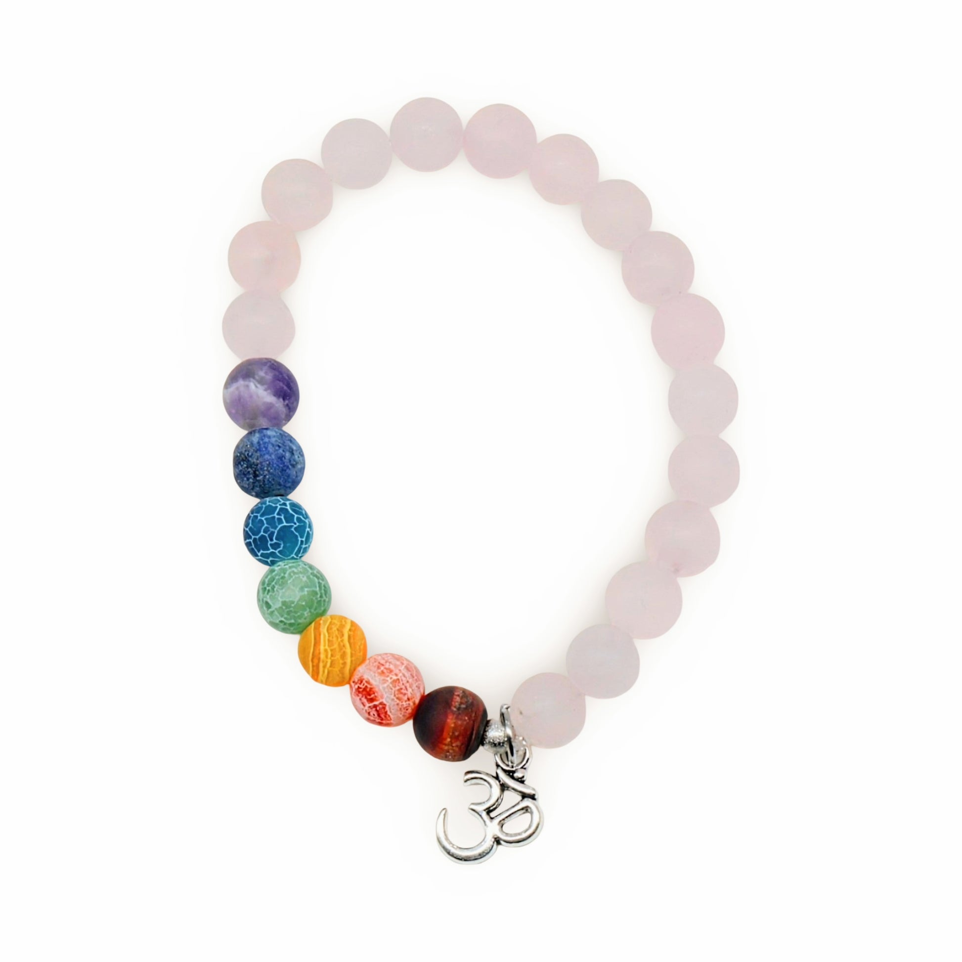 Bracelet - Rose Quartz & 7 Chakras with Om Charm - 8mm