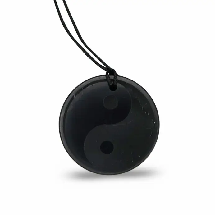 Collier - Shungite AAA - Pendentif rond avec signe Yin Yang